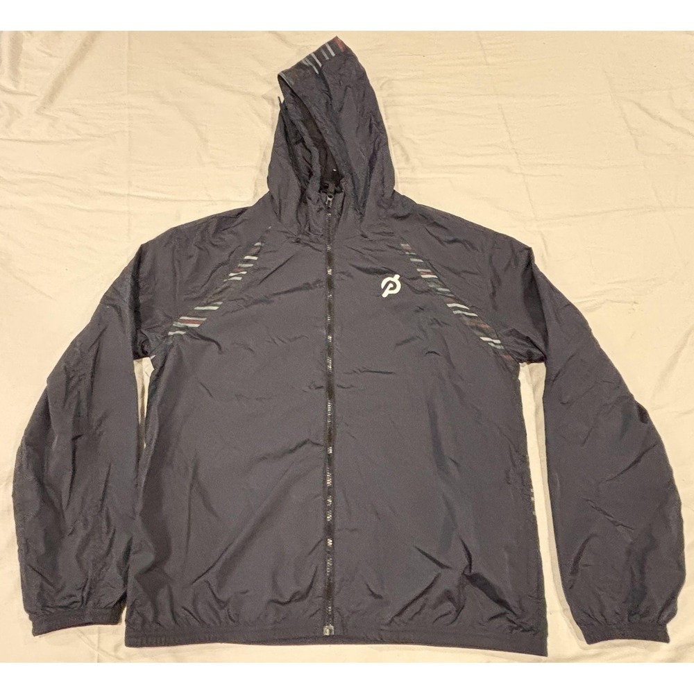 Peloton Jacket Mens L Blue Hooded Full Zip Windbreaker Cycling Gym Training